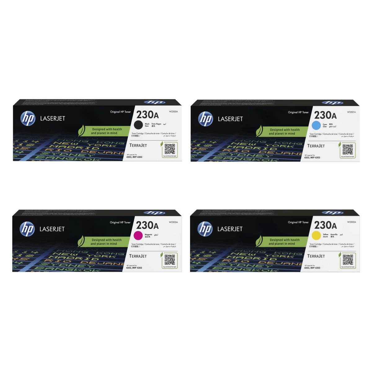 HP 230A Original Toner Set Black Cyan Magenta Yellow 4 Pack W2300A W2301A W2303A W2302A for HP Color LaserJet Pro 4203 and 4303