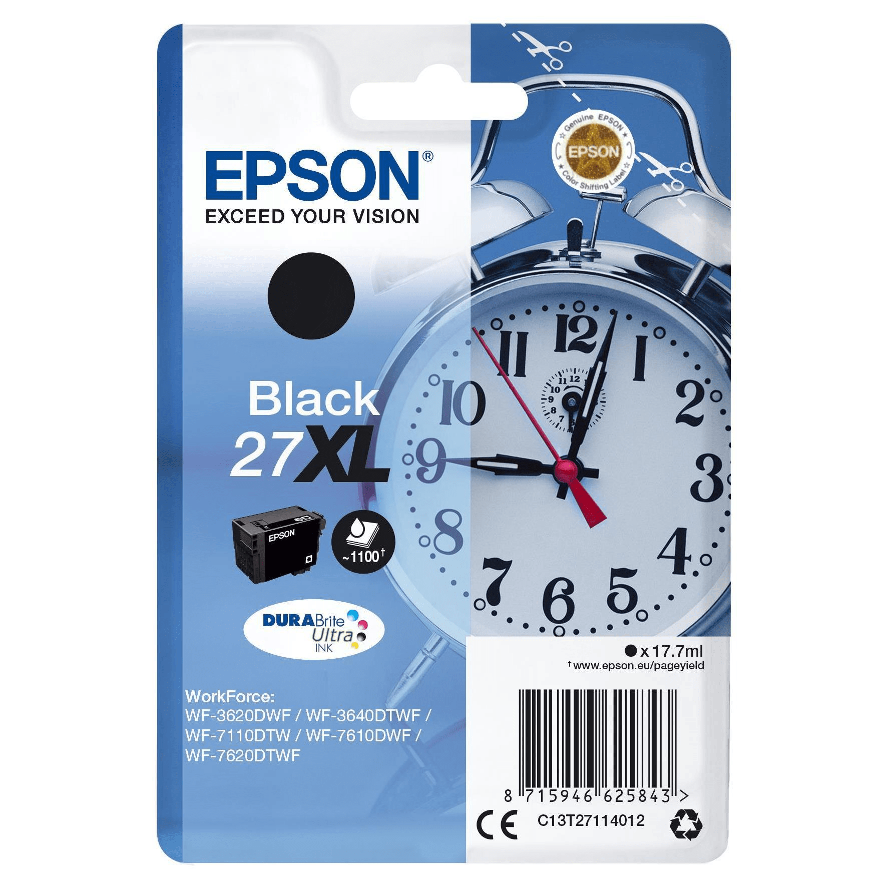 Epson 27XL Single-pack DURABrite Ultra Black High Yield Printer Ink Cartridge Original C13T27114012