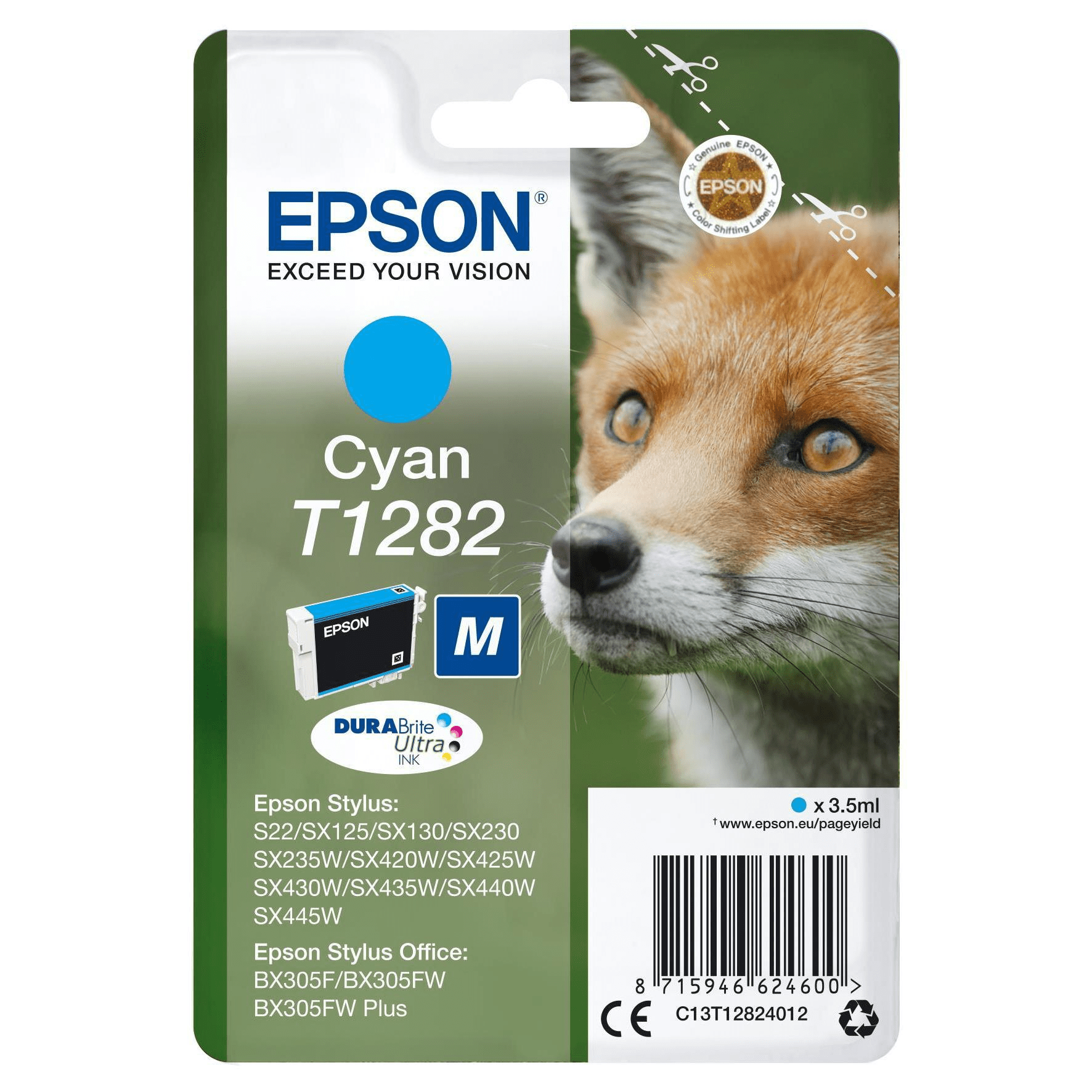 Epson T1282 DURABrite Ultra Cyan Printer Ink Cartridge Original C13T12824012 Single-pack